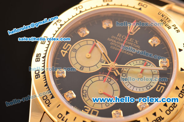 Rolex Daytona Swiss Valjoux 7750-SHG Automatic Gold Case/Strap with Black Dial and Diamond Markers - Click Image to Close